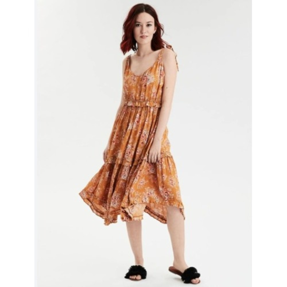American Eagle Midi Dress‎ Mustard Yellow Floral Tie Strap Tiered Asymmetrical S
